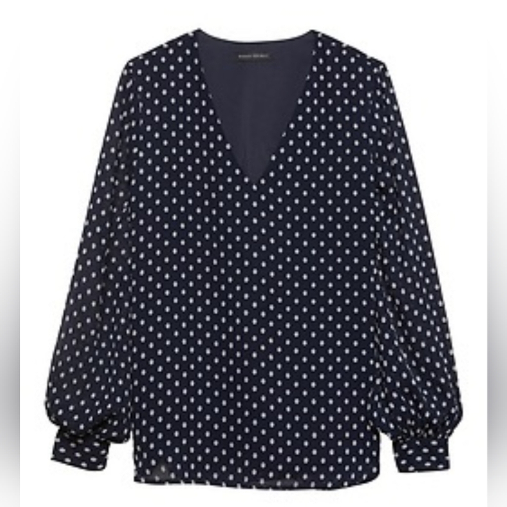 Banana Republic Blouse Navy White Polka Dots V Neck Size S Long Sleeves